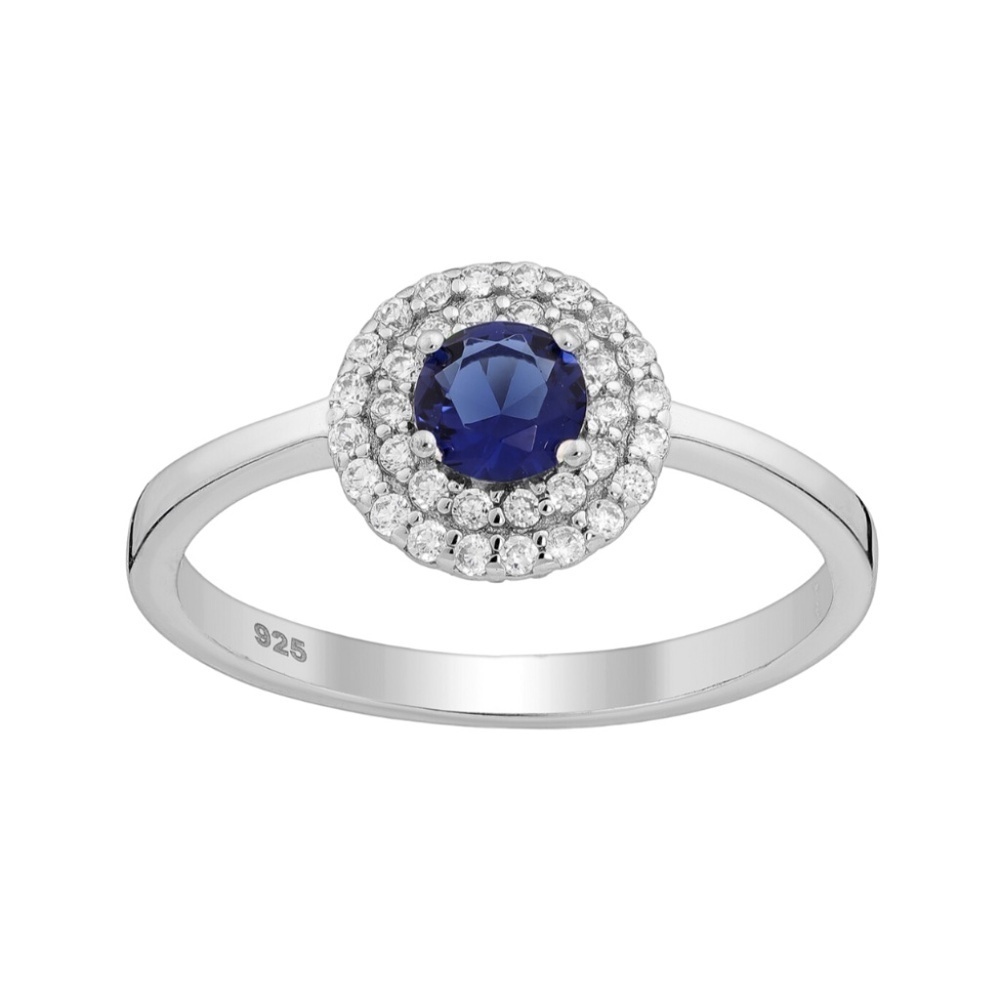 Sterling Silver & Sapphire Blue and Clear  Pave Halo Ring
